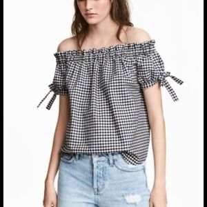 H & M LOGG Off the Shoulder Gingham Tie Tunic Blouse size 2
